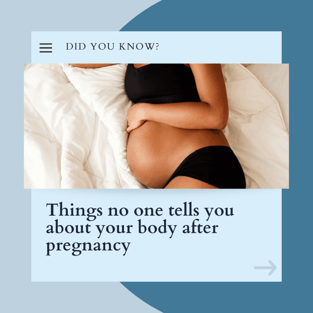 Pregnant woman resting on bed holding her belly, highlighting postpartum body changes.