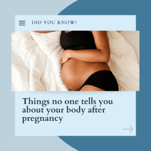 Pregnant woman resting on bed holding her belly, highlighting postpartum body changes.