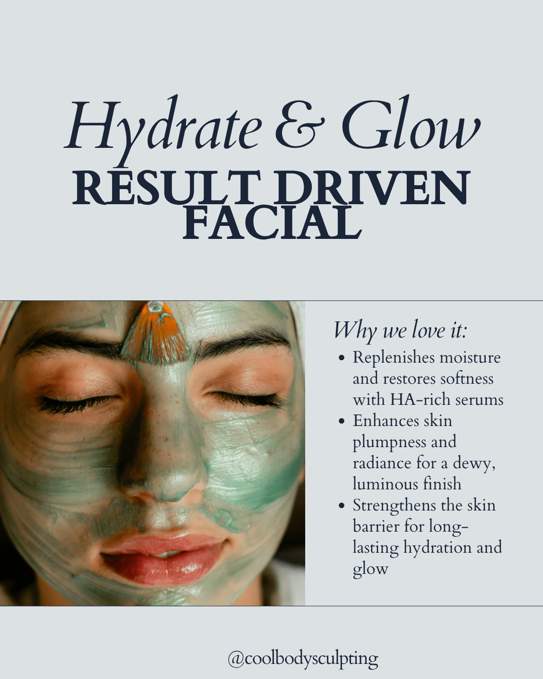 Client enjoying a Hydrate and Glow facial treatment with hydrating serums at Cool Body Sculpting Center in Virginia Beach.